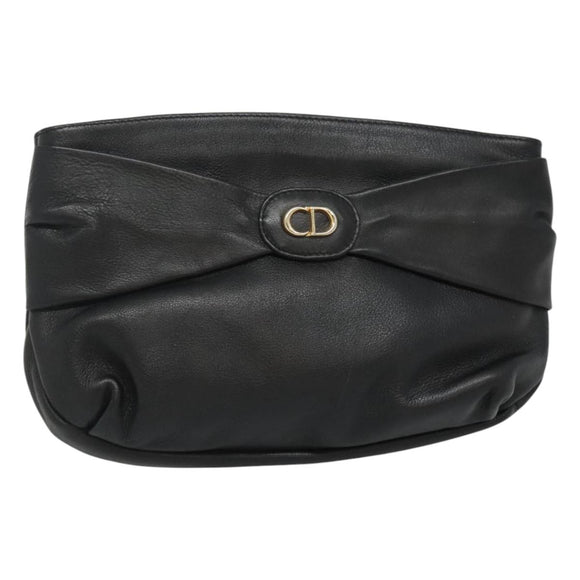Christian Dior Clutch Bag Leather Black Gold Auth mr1204
