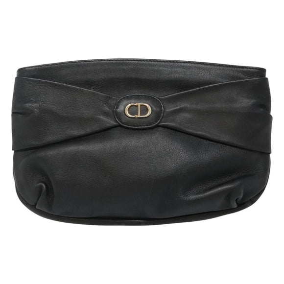 Christian Dior Clutch Bag Leather Black Gold Auth mr1204