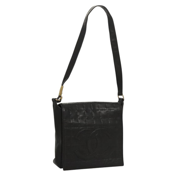 CHANEL Choco Bar line Shoulder Bag Lamb Skin Black CC Auth mr1233