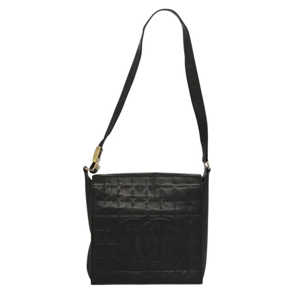 CHANEL Choco Bar line Shoulder Bag Lamb Skin Black CC Auth mr1233