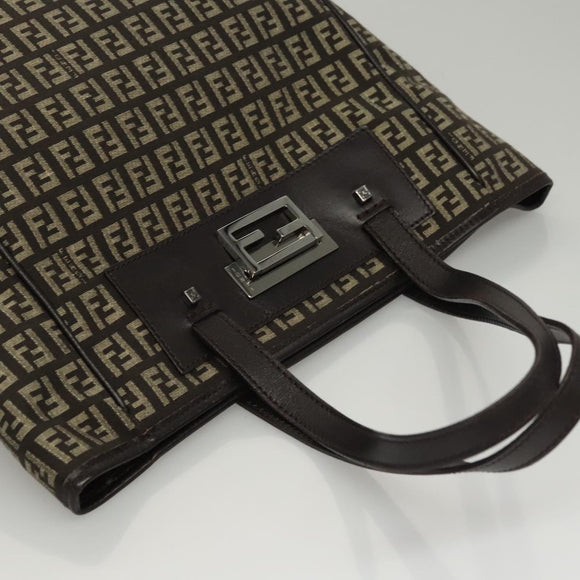 FENDI Zucchino Canvas Tote Bag Brown Silver Auth mr1240