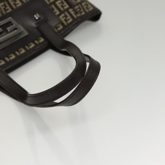 FENDI Zucchino Canvas Tote Bag Brown Silver Auth mr1240