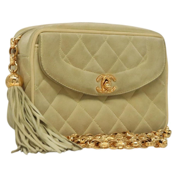 CHANEL Matelasse Chain Shoulder Bag Suede Light Yellow CC Auth mr1272