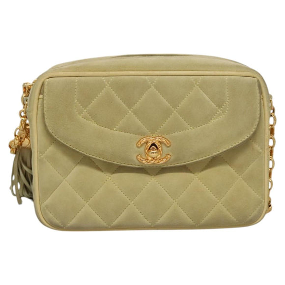 CHANEL Matelasse Chain Shoulder Bag Suede Light Yellow CC Auth mr1272