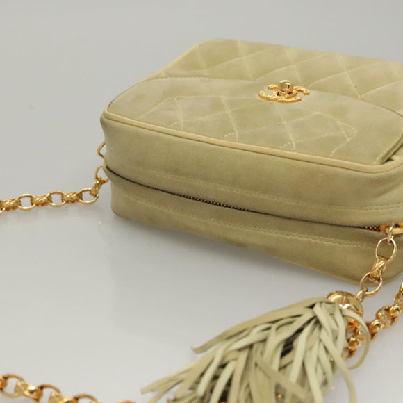 CHANEL Matelasse Chain Shoulder Bag Suede Light Yellow CC Auth mr1272
