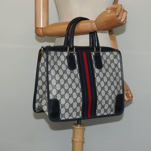 GUCCI GG Supreme Sherry Line Hand Bag PVC Navy Gold Auth mr1357