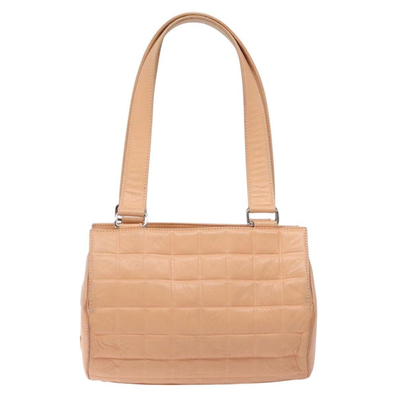 CHANEL Choco Bar Hand Bag Leather Beige Silver CC Auth mr1360