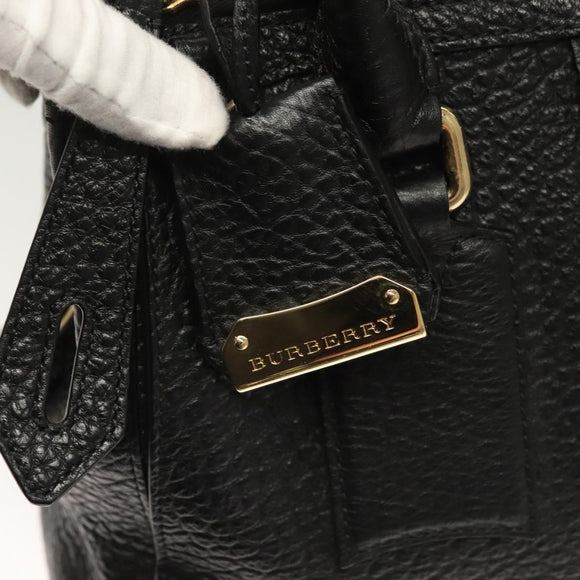 BURBERRY Hand Bag Leather 2way Black Gold Auth mr1365