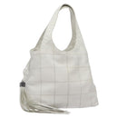 CHANEL Choco Bar Fringe Tote Bag Leather White Silver CC Auth mr1367-1