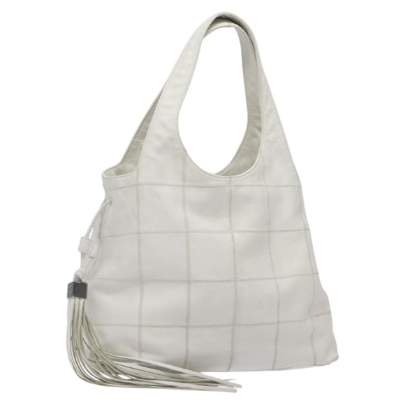 CHANEL Choco Bar Fringe Tote Bag Leather White Silver CC Auth mr1367