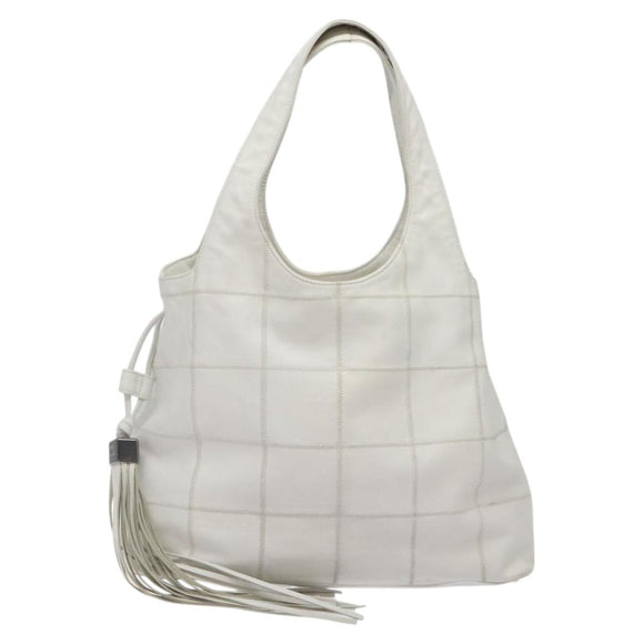 CHANEL Choco Bar Fringe Tote Bag Leather White Silver CC Auth mr1367