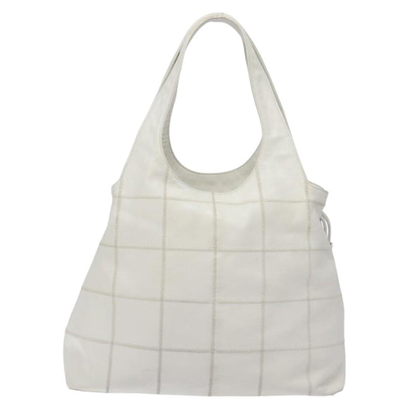 CHANEL Choco Bar Fringe Tote Bag Leather White Silver CC Auth mr1367