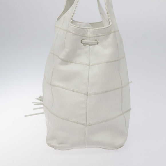 CHANEL Choco Bar Fringe Tote Bag Leather White Silver CC Auth mr1367