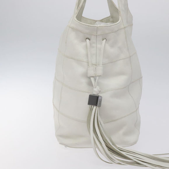 CHANEL Choco Bar Fringe Tote Bag Leather White Silver CC Auth mr1367