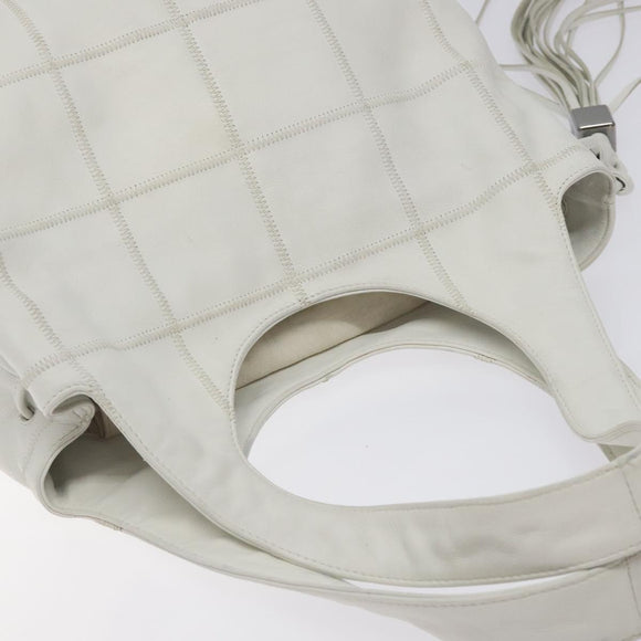 CHANEL Choco Bar Fringe Tote Bag Leather White Silver CC Auth mr1367