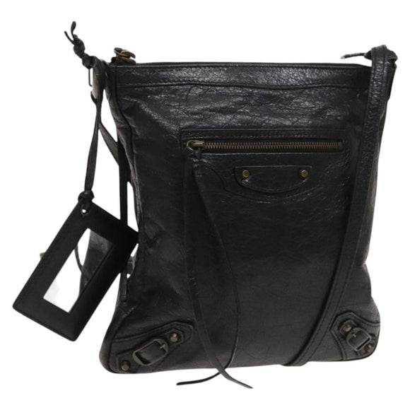 BALENCIAGA City Shoulder Bag Leather Black Auth mr1426