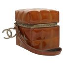 CHANEL Choco Bar Cube Pouch Patent leather Brown Silver CC Auth mr1474-1