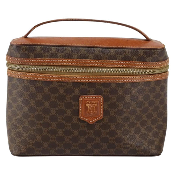CELINE Macadam Canvas Vanity Pouch PVC Leather Brown Gold Auth mr1502