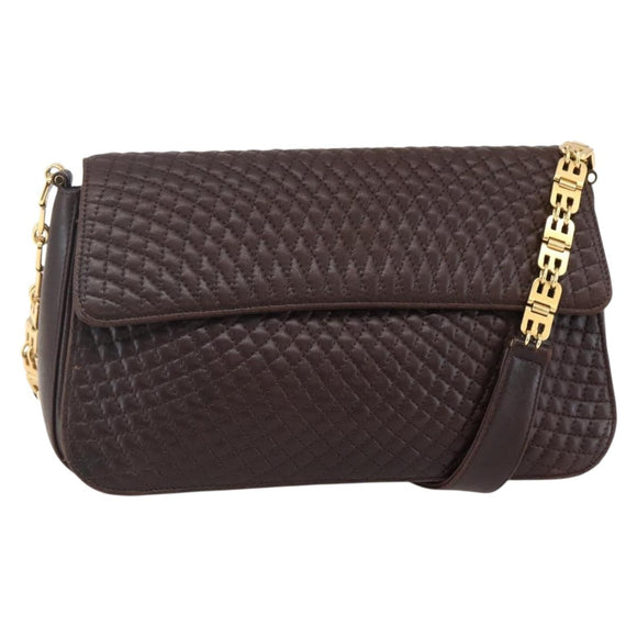 BALLY Quilted Chain Shoulder Bag Leather Brown Gold Auth mr1503