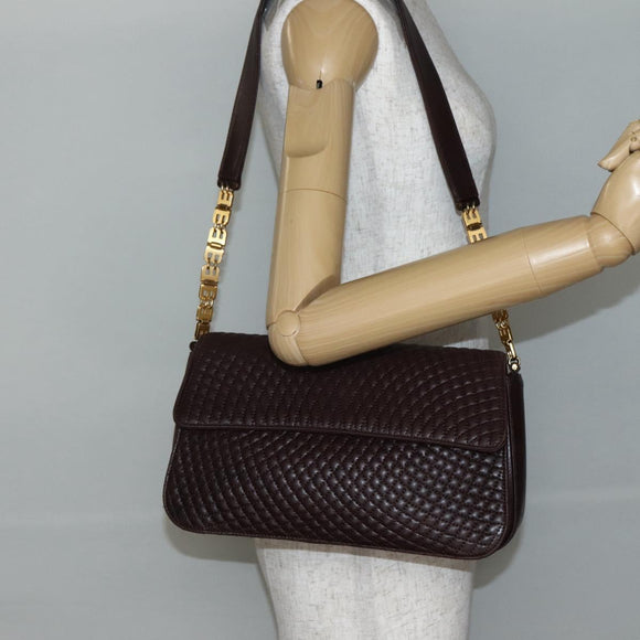 BALLY Quilted Chain Shoulder Bag Leather Brown Gold Auth mr1503