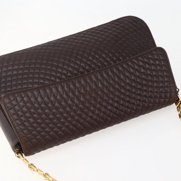 BALLY Quilted Chain Shoulder Bag Leather Brown Gold Auth mr1503