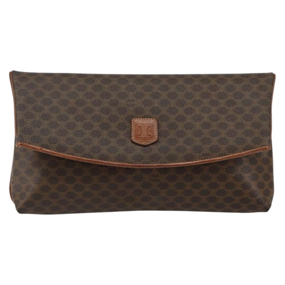 CELINE Macadam Canvas Clutch Bag PVC Leather Brown Gold Auth mr1513