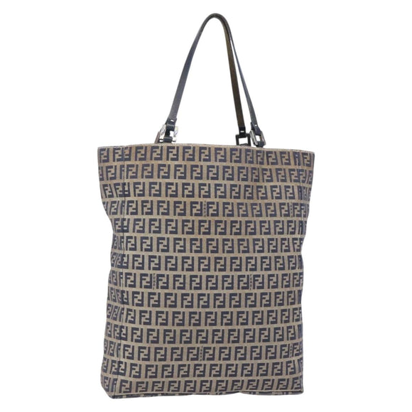 FENDI Zucchino Canvas Tote Bag Navy Silver Auth mr1524