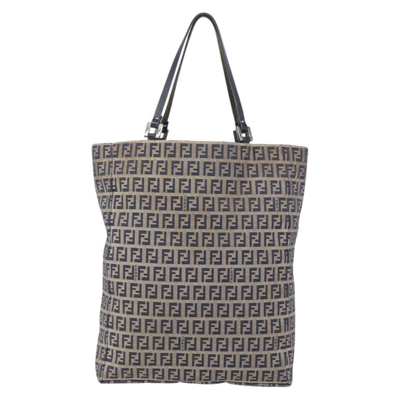 FENDI Zucchino Canvas Tote Bag Navy Silver Auth mr1524