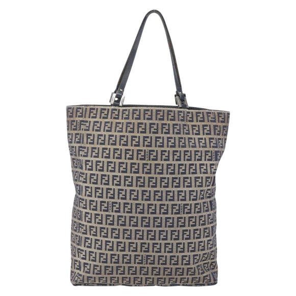 FENDI Zucchino Canvas Tote Bag Navy Silver Auth mr1524