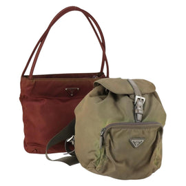 PRADA Hand Bag Nylon 2 Set Red Khaki Auth mr1528