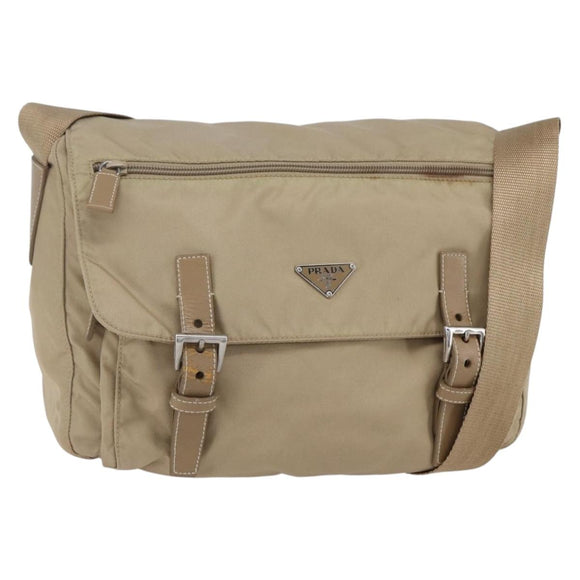 PRADA Shoulder Bag Nylon Beige Silver Auth mr1533