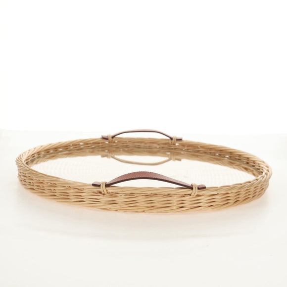 HERMES Wicker Round Tray Ozre Wood Beige Auth mr1545AV