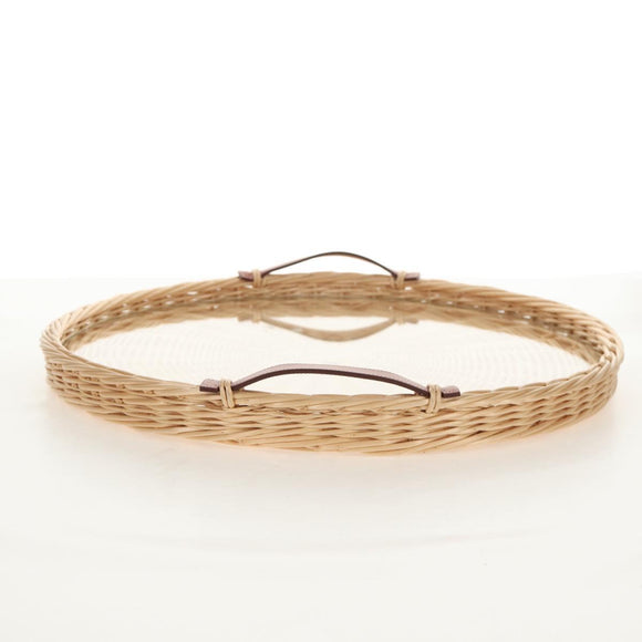 HERMES Wicker Round Tray Ozre Wood Beige Auth mr1545AV