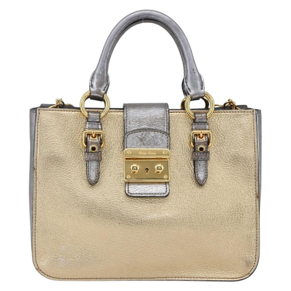 Miu Miu Madras Hand Bag Leather 2way Gold Auth mr1549