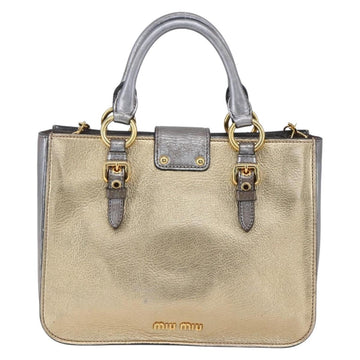 Miu Miu Madras Hand Bag Leather 2way Gold Auth mr1549 - 0