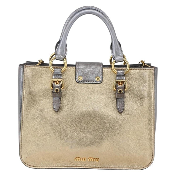 Miu Miu Madras Hand Bag Leather 2way Gold Auth mr1549