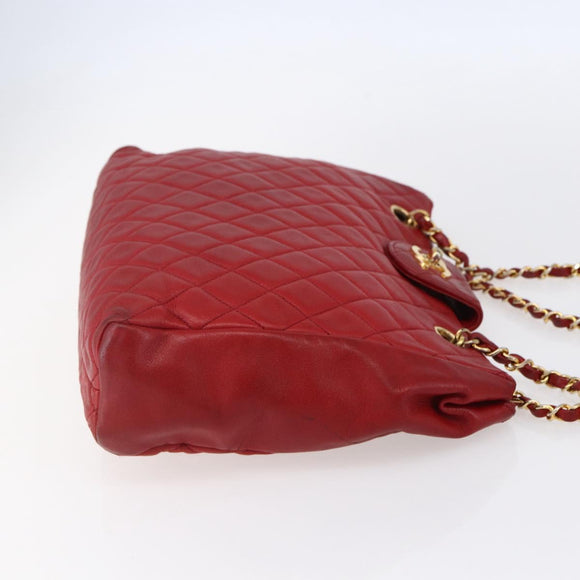 CHANEL Matelasse Chain Shoulder Bag Lamb Skin Red Gold CC Auth mr1552