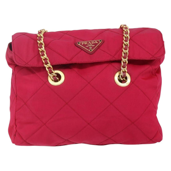 PRADA Quilted Chain Shoulder Bag Nylon Pink Gold Auth mr1558