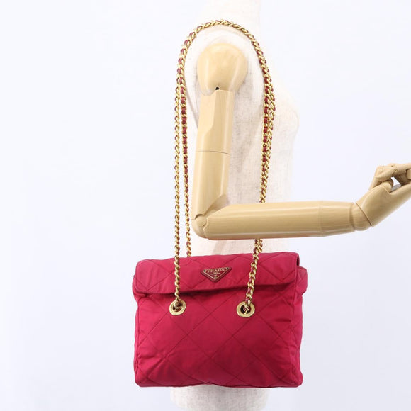 PRADA Quilted Chain Shoulder Bag Nylon Pink Gold Auth mr1558