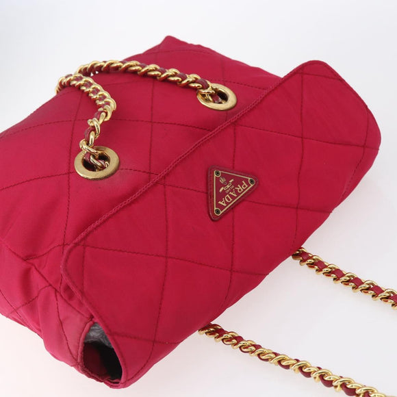 PRADA Quilted Chain Shoulder Bag Nylon Pink Gold Auth mr1558