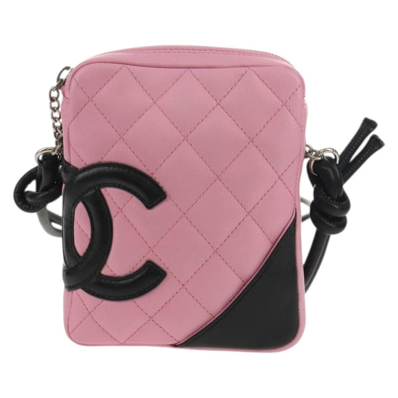 CHANEL Cambon Line Shoulder Bag Leather Pink Black CC Auth mr1562V