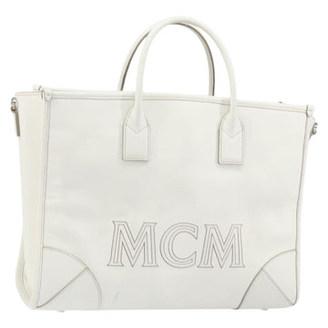 MCM Hand Bag Leather White Gold Auth mr1564