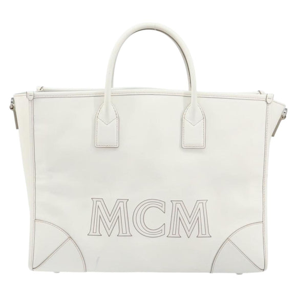 MCM Hand Bag Leather White Gold Auth mr1564