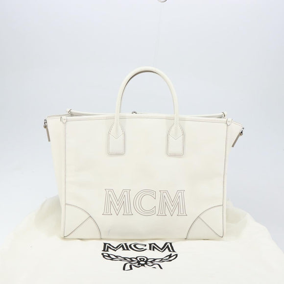 MCM Hand Bag Leather White Gold Auth mr1564