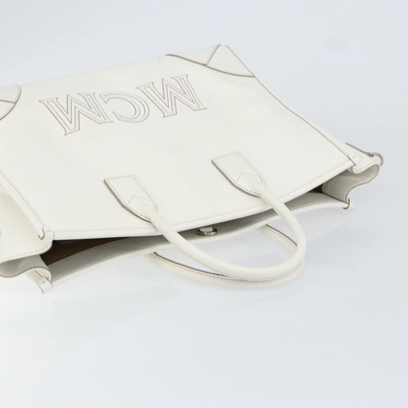 MCM Hand Bag Leather White Gold Auth mr1564