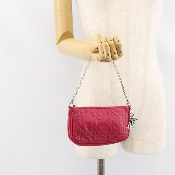 Christian Dior Canage Chain Shoulder Bag Lamb Skin Pink Silver Auth mr1565