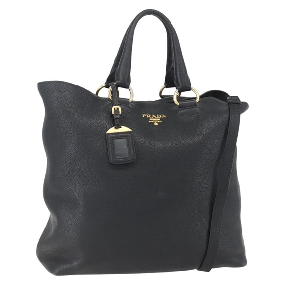 PRADA Hand Bag Leather 2way Black Gold Auth mr1569