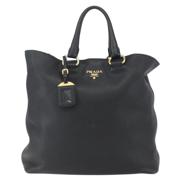 PRADA Hand Bag Leather 2way Black Gold Auth mr1569