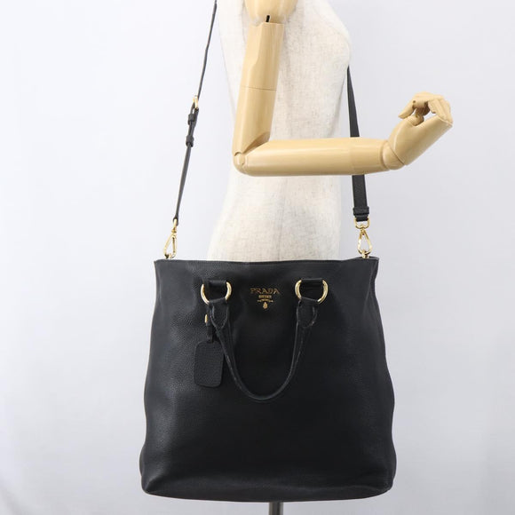 PRADA Hand Bag Leather 2way Black Gold Auth mr1569