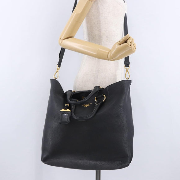 PRADA Handtas Leer 2-weg Zwart Goud Auth mr1569